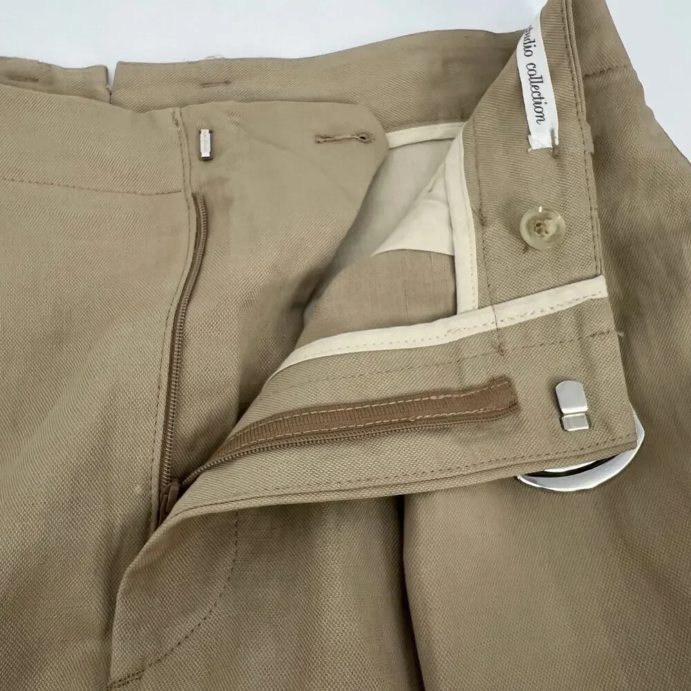 Zara Studio Collection Linen Blend Trouser Pant Womens 30 Tan Pleated High Waist